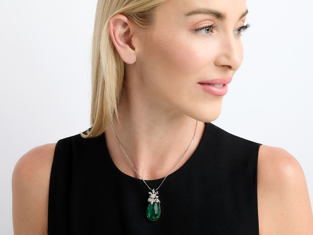 Briolette Emerald, 27.98 carats, & Diamond Pendant in 18K Yellow & White Gold