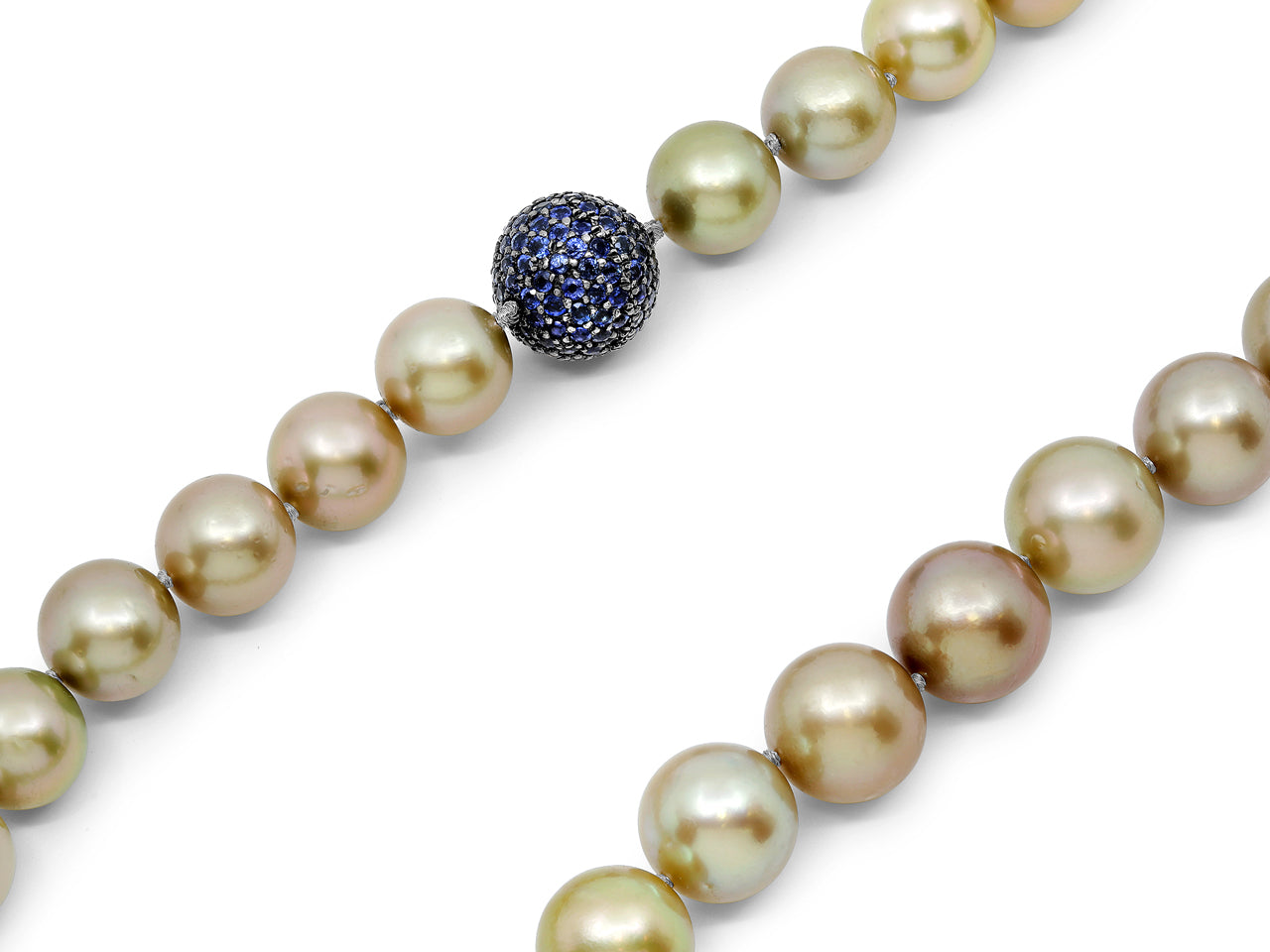 Pistachio South Sea Pearl Necklace with a Sapphire Ball Clasp in 18K White Gold