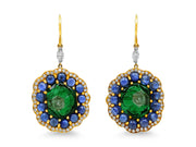 Carved Emerald & Cabochon Sapphire Earrings in 18K Yellow Gold
