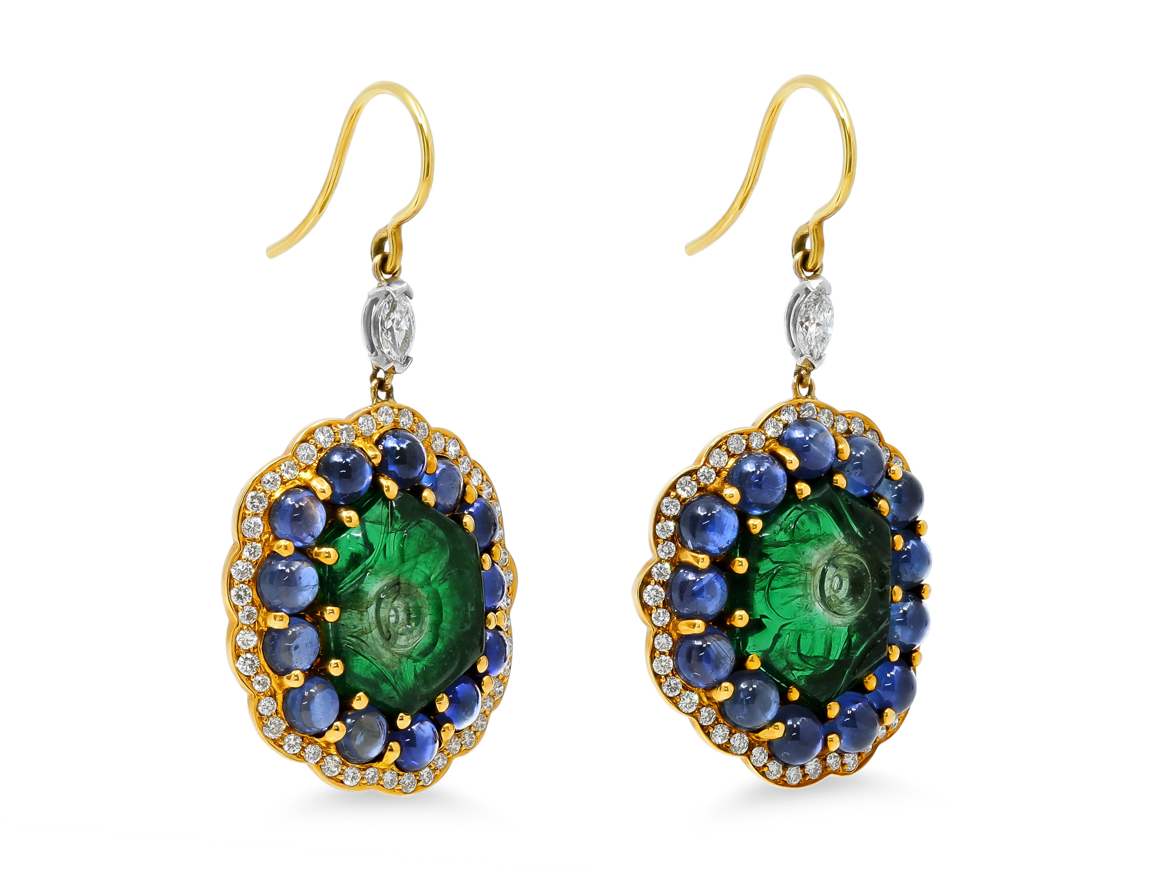 Carved Emerald & Cabochon Sapphire Earrings in 18K Yellow Gold