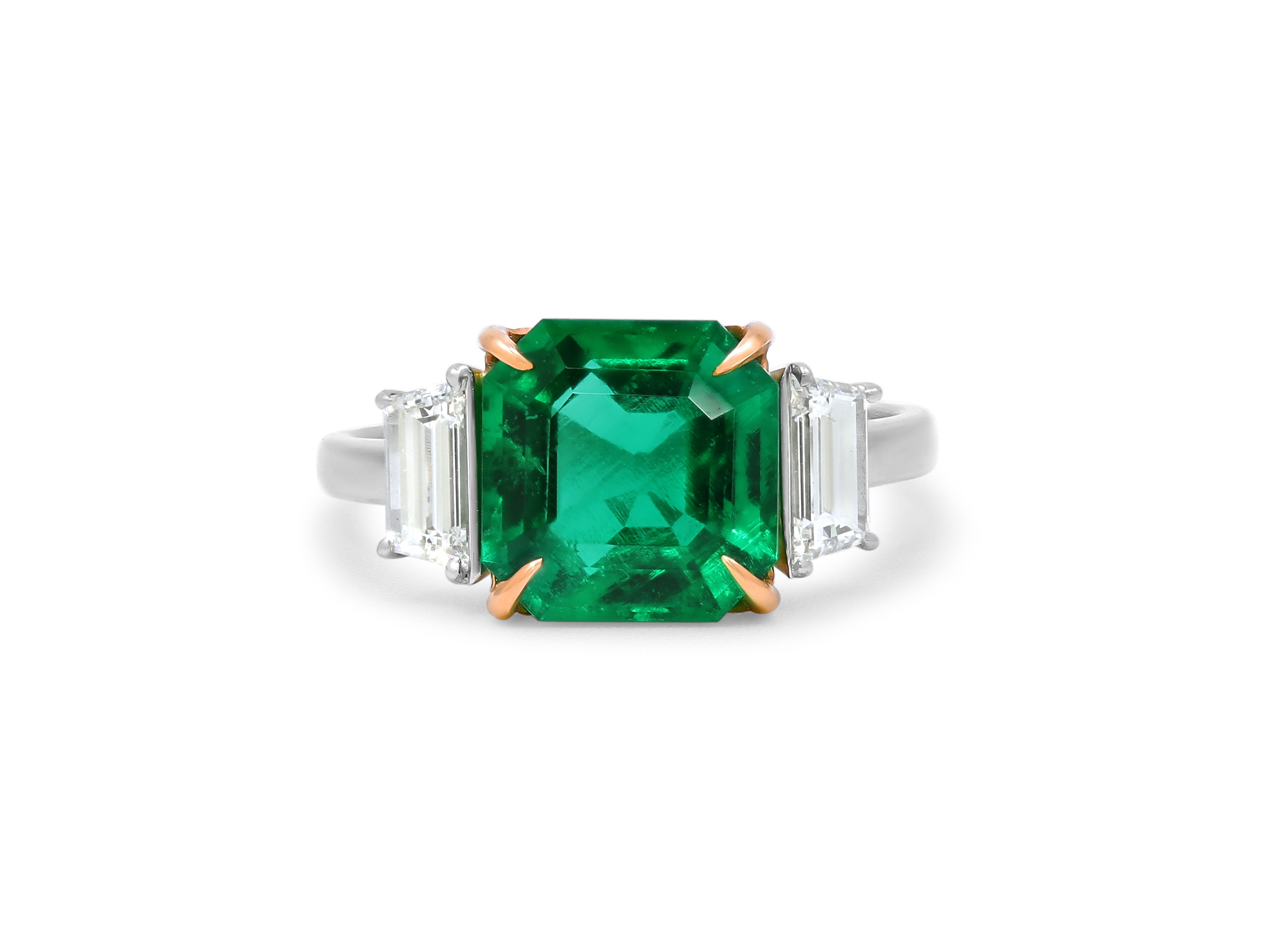 Colombian Emerald, 3.53 Carats, & Diamond Ring in 16K Red Gold & Platinum