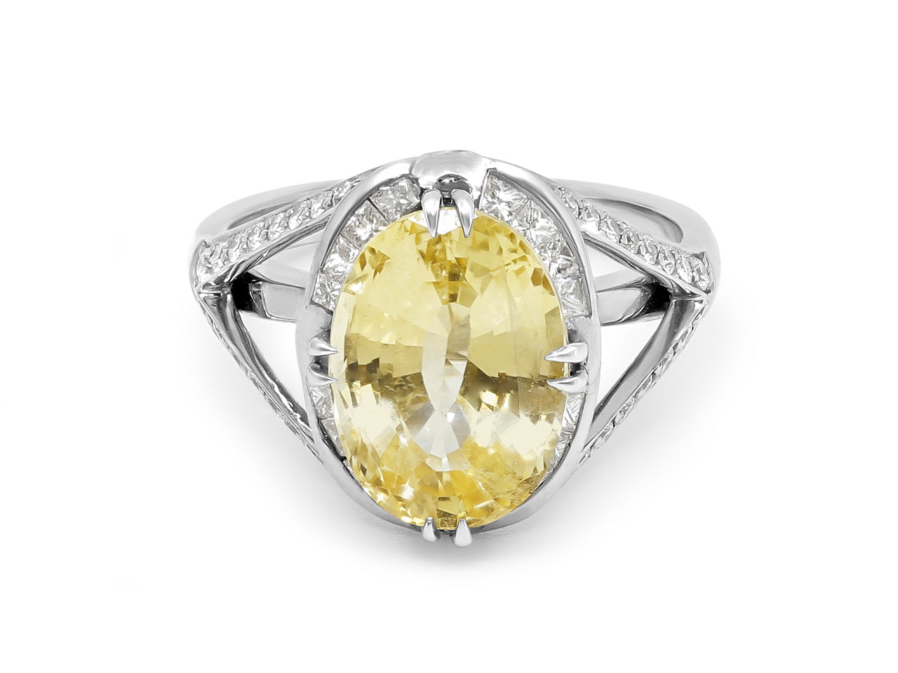 Oval Yellow Sapphire, ~5.5 carats, & Diamond Ring in Platinum
