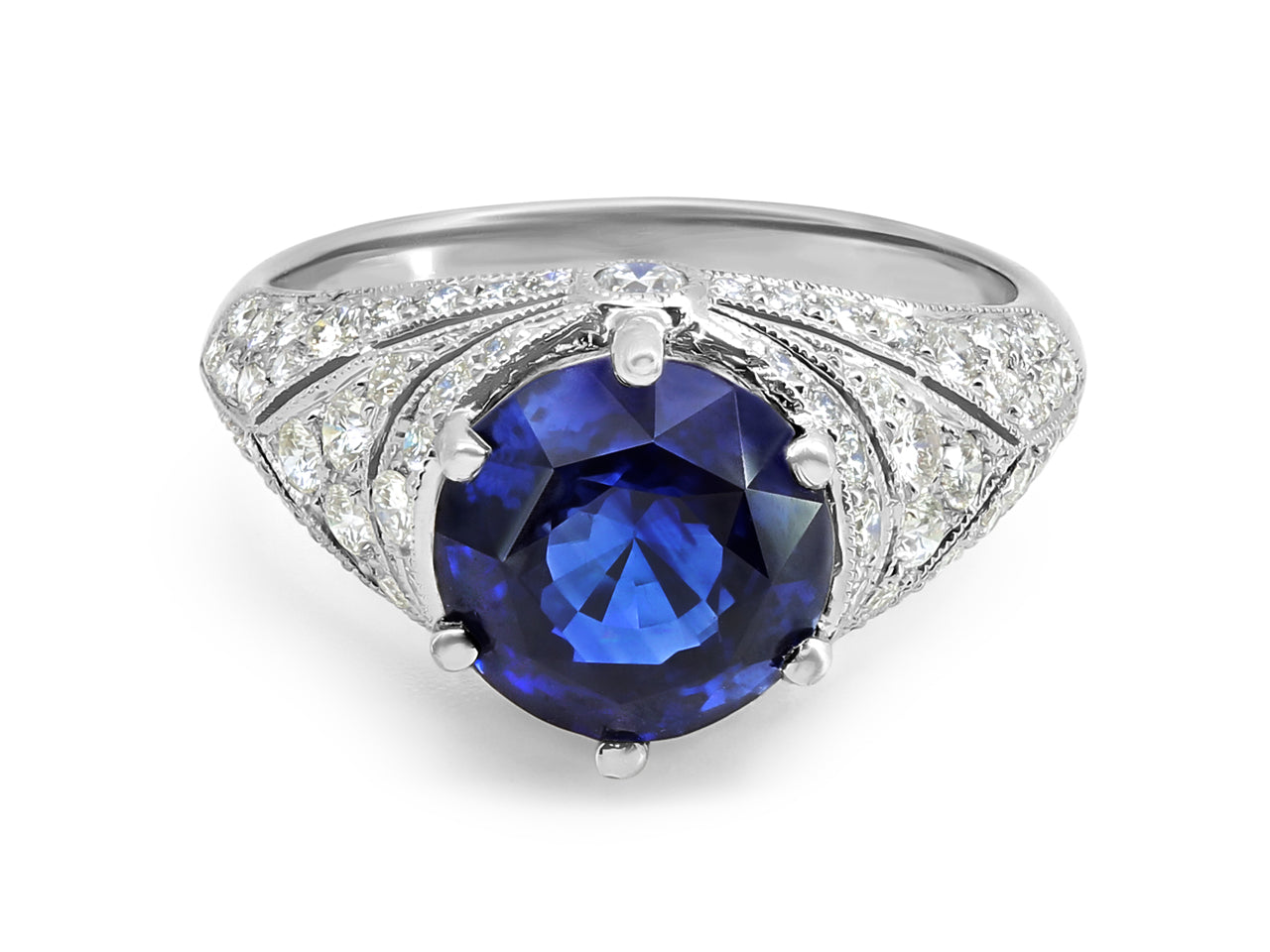 Round Sapphire, 4.55 carats, & Diamond Ring in Platinum