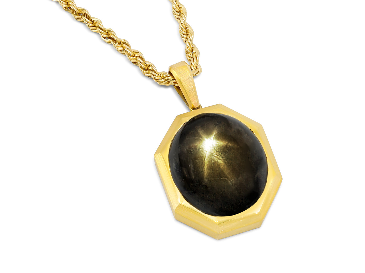 Black Star Sapphire, 60.88 carats, Pendant in 18K Brushed Yellow Gold