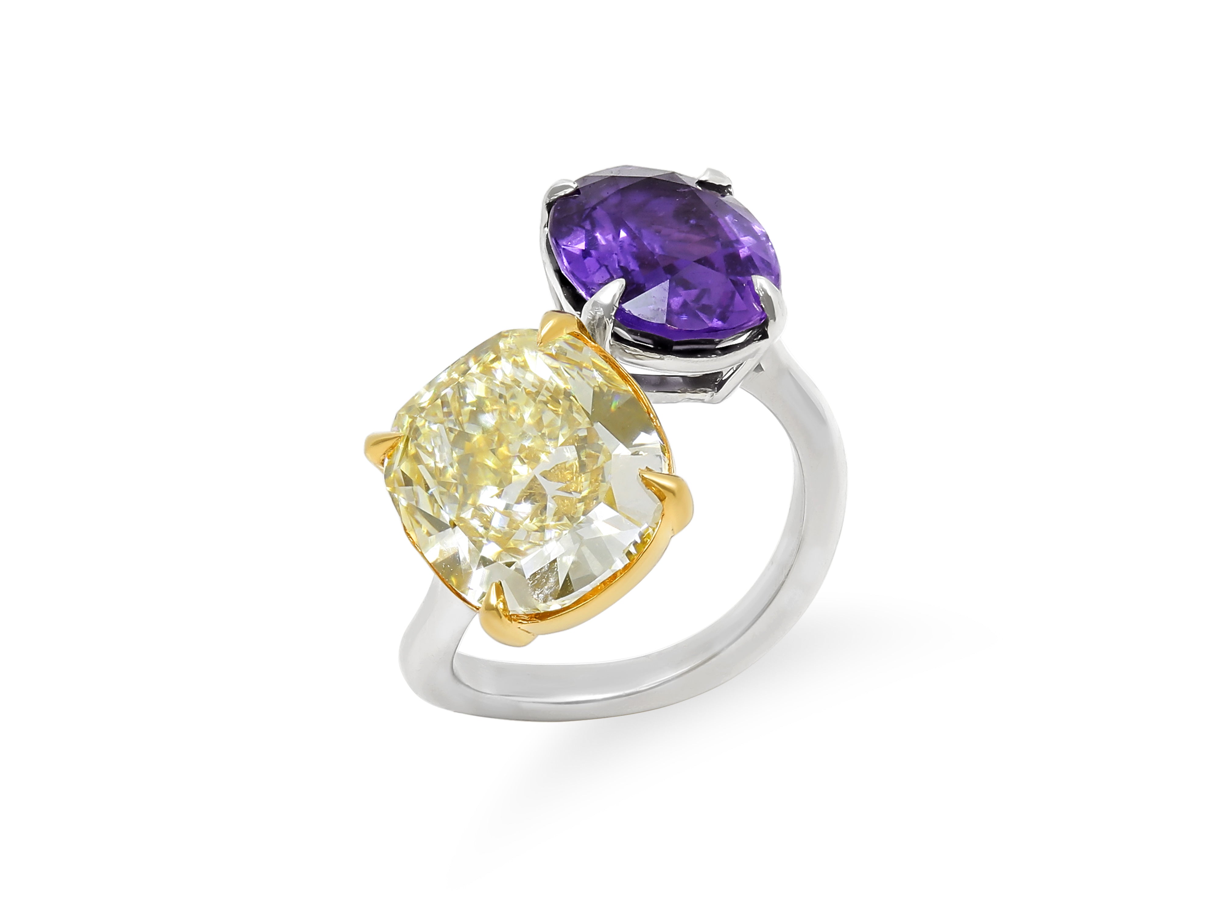 Diamond & Color-Change Purple Sapphire Bypass Ring in Platinum & 18K Yellow Gold