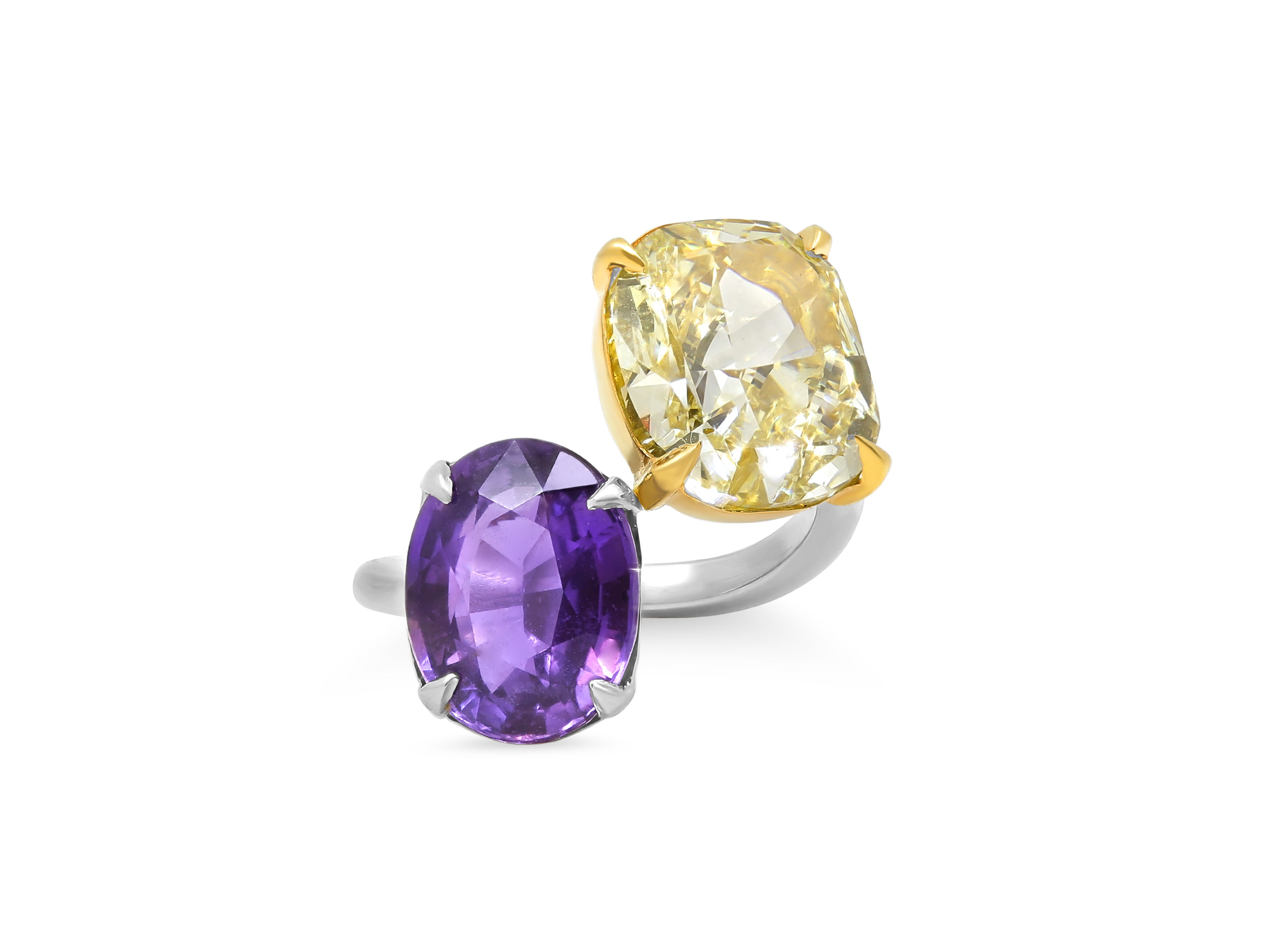 Diamond & Color-Change Purple Sapphire Bypass Ring in Platinum & 18K Yellow Gold