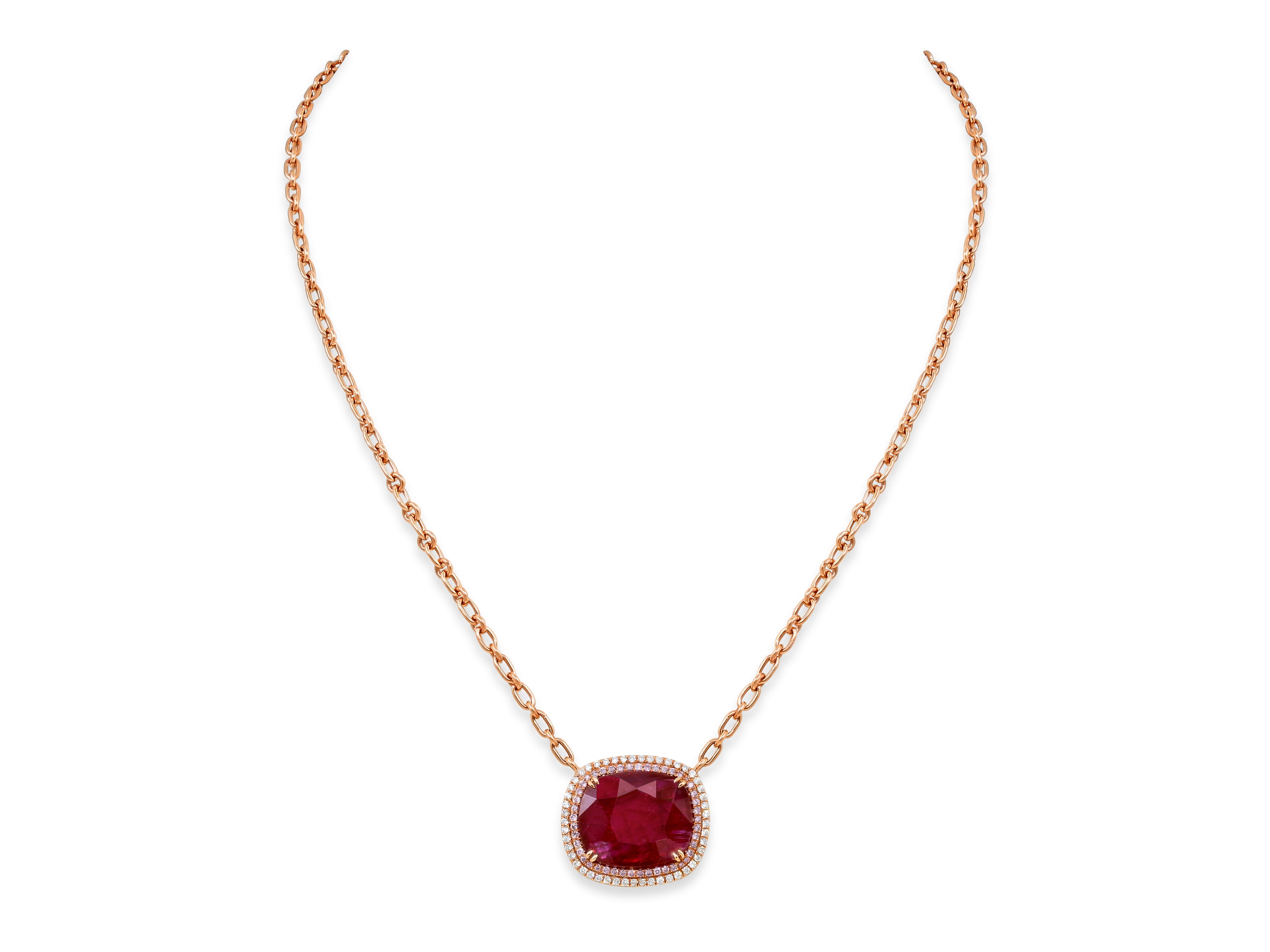 Ruby, 11.49 Carats, Pink & White Diamond Pendant in 16K Red Gold