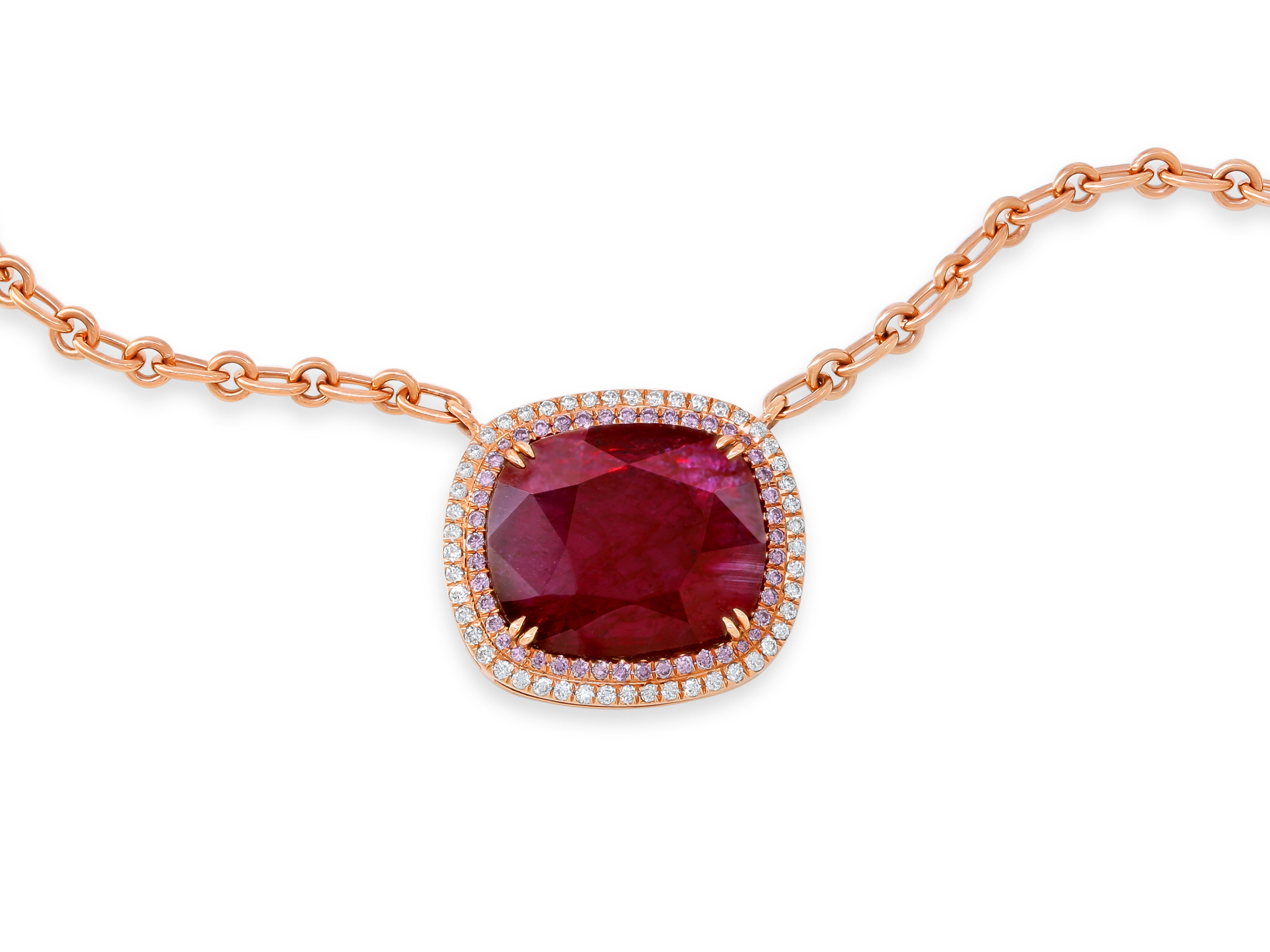 Ruby, 11.49 Carats, Pink & White Diamond Pendant in 16K Red Gold