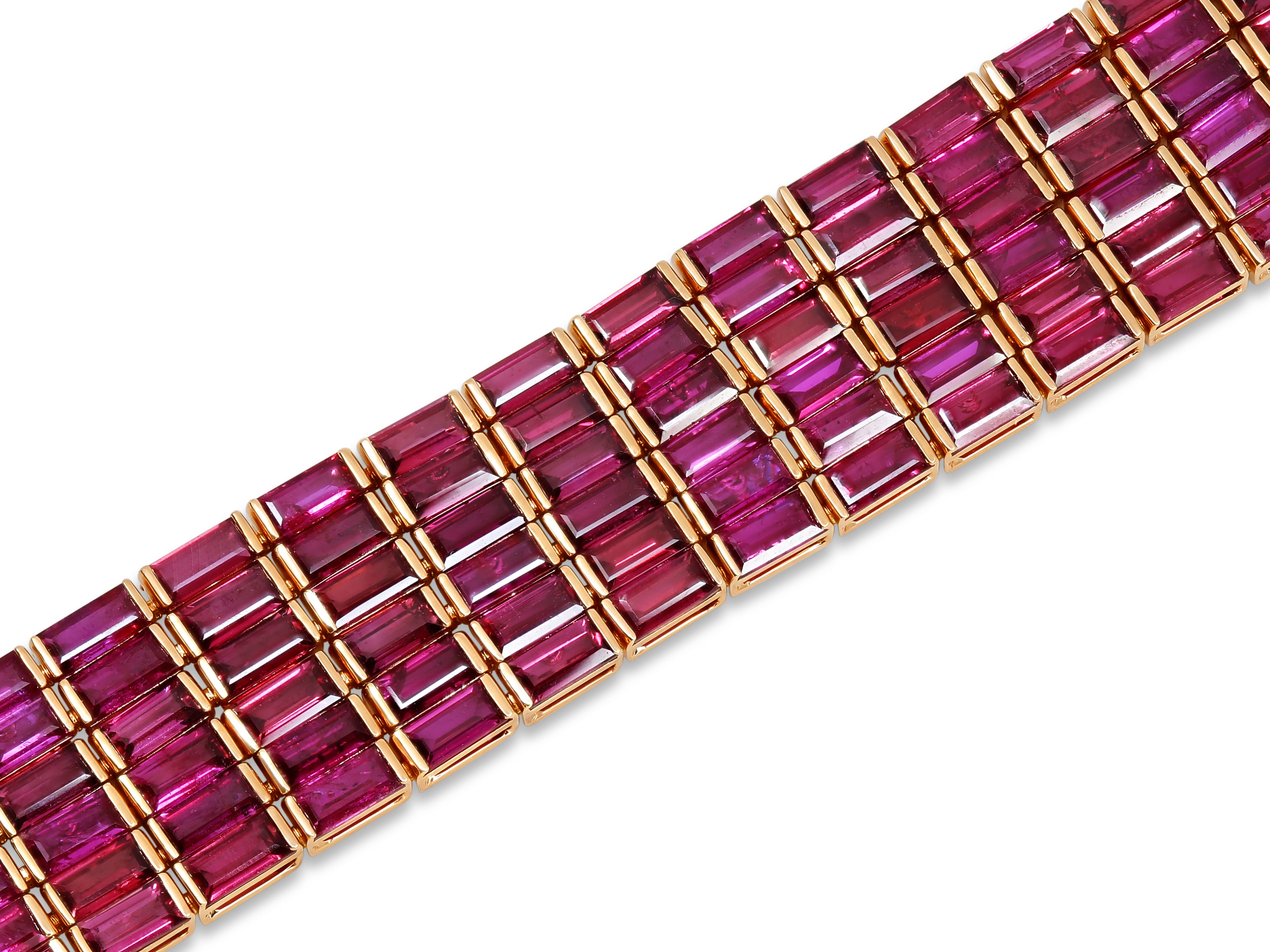 Five-Row Baguette Ruby Bracelet in 18K Yellow Gold