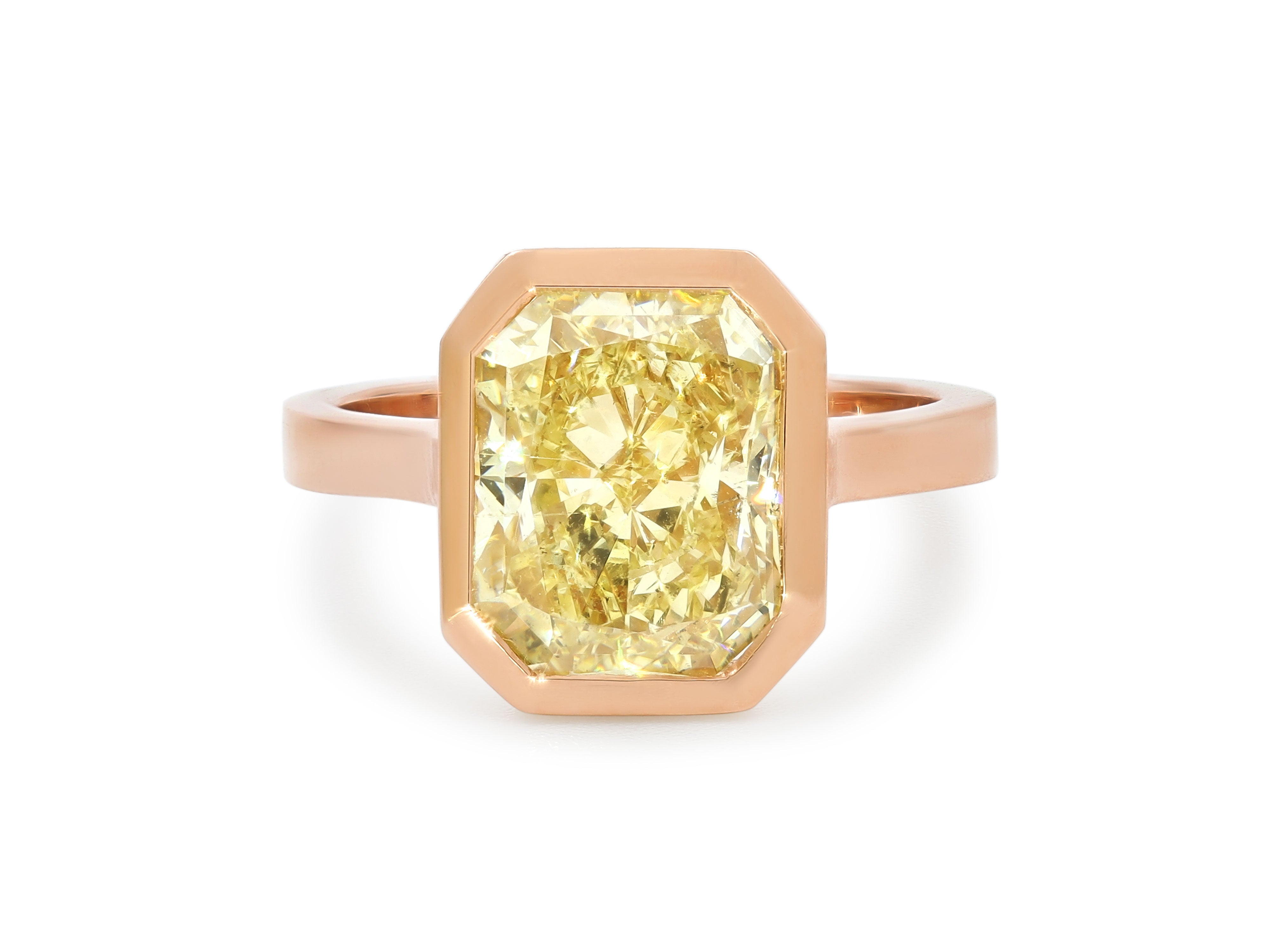 Fancy Yellow Radiant Cut Diamond, 4.61 carats, Bezel-Set Ring in 16K Kazanjian Red Gold