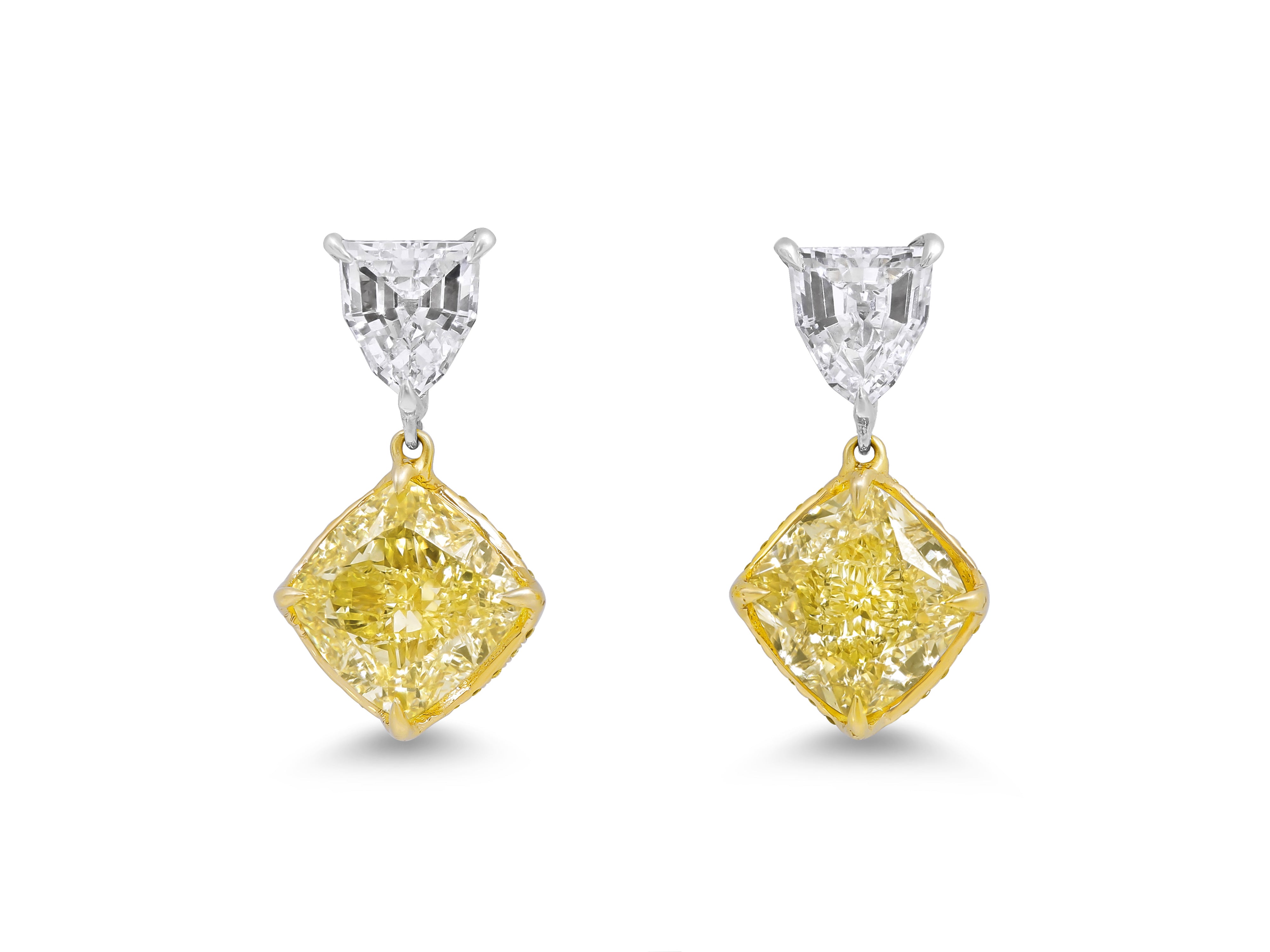 Cushion Fancy Light Yellow Diamond & Shield Cut Diamond Earrings in Platinum & 18K Yellow Gold