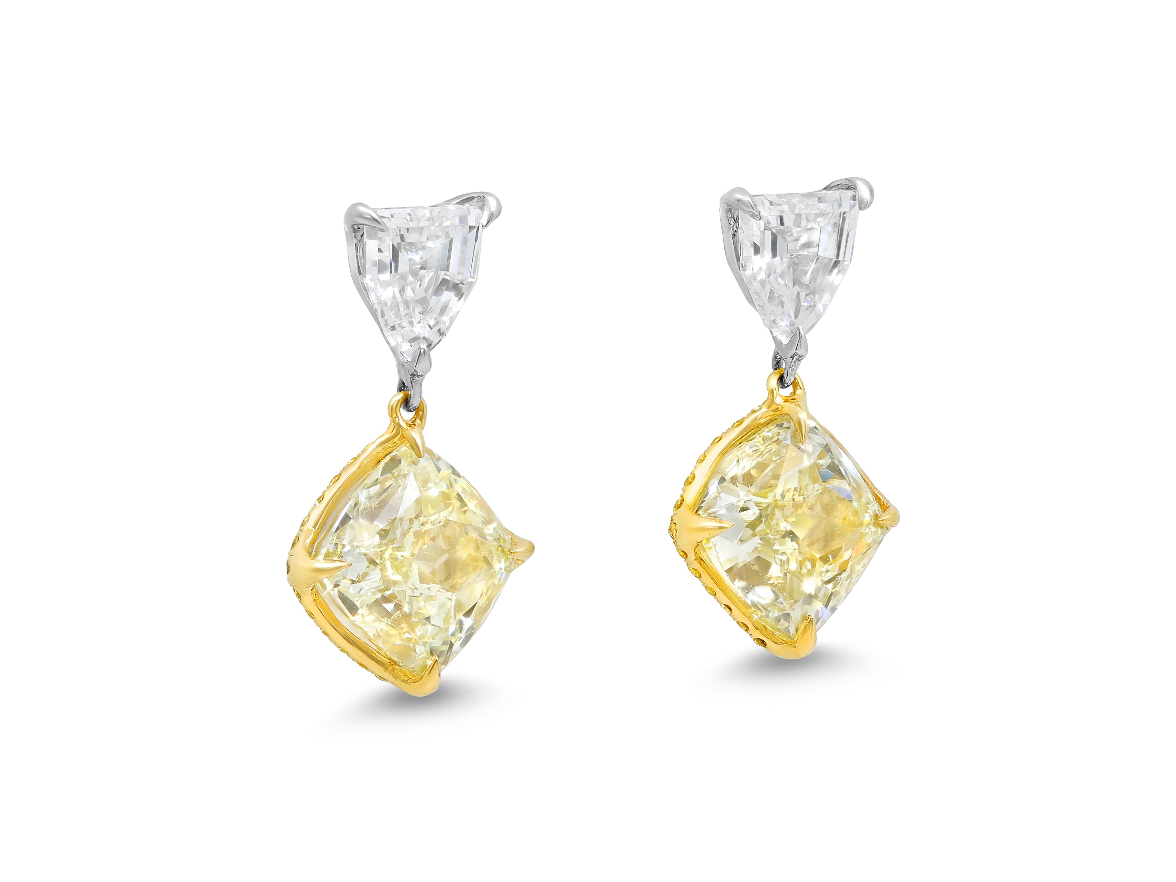 Cushion Fancy Light Yellow Diamond & Shield Cut Diamond Earrings in Platinum & 18K Yellow Gold