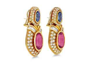 Kazanjian Sapphire, Pink Tourmaline, & Diamond Earrings in 18K Yellow Gold
