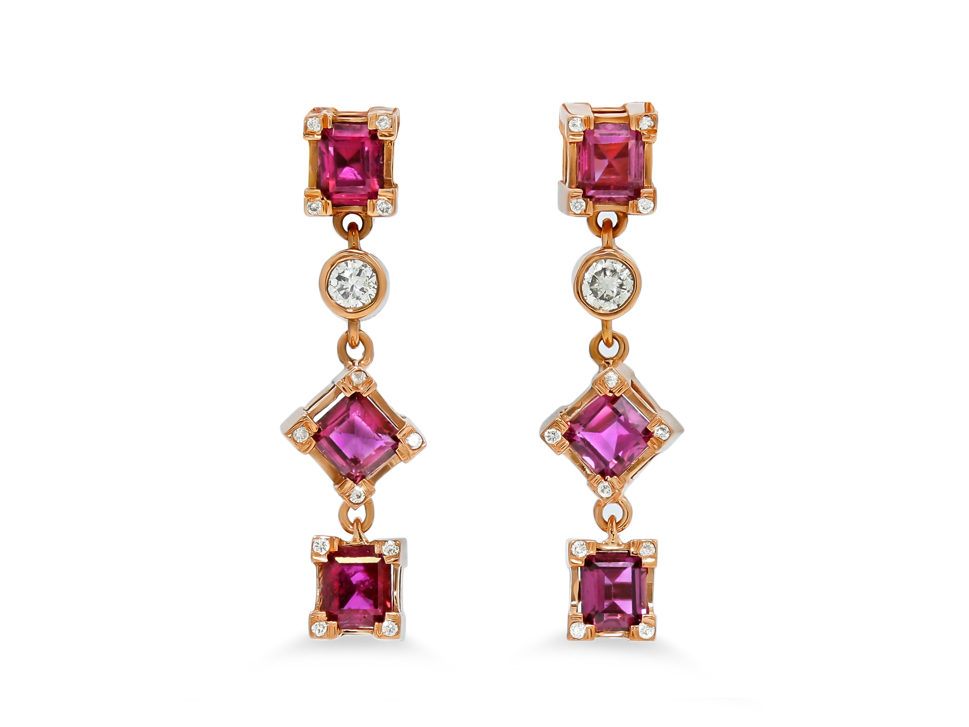 Ruby & Diamond Dangle Earrings in 16K Red Gold
