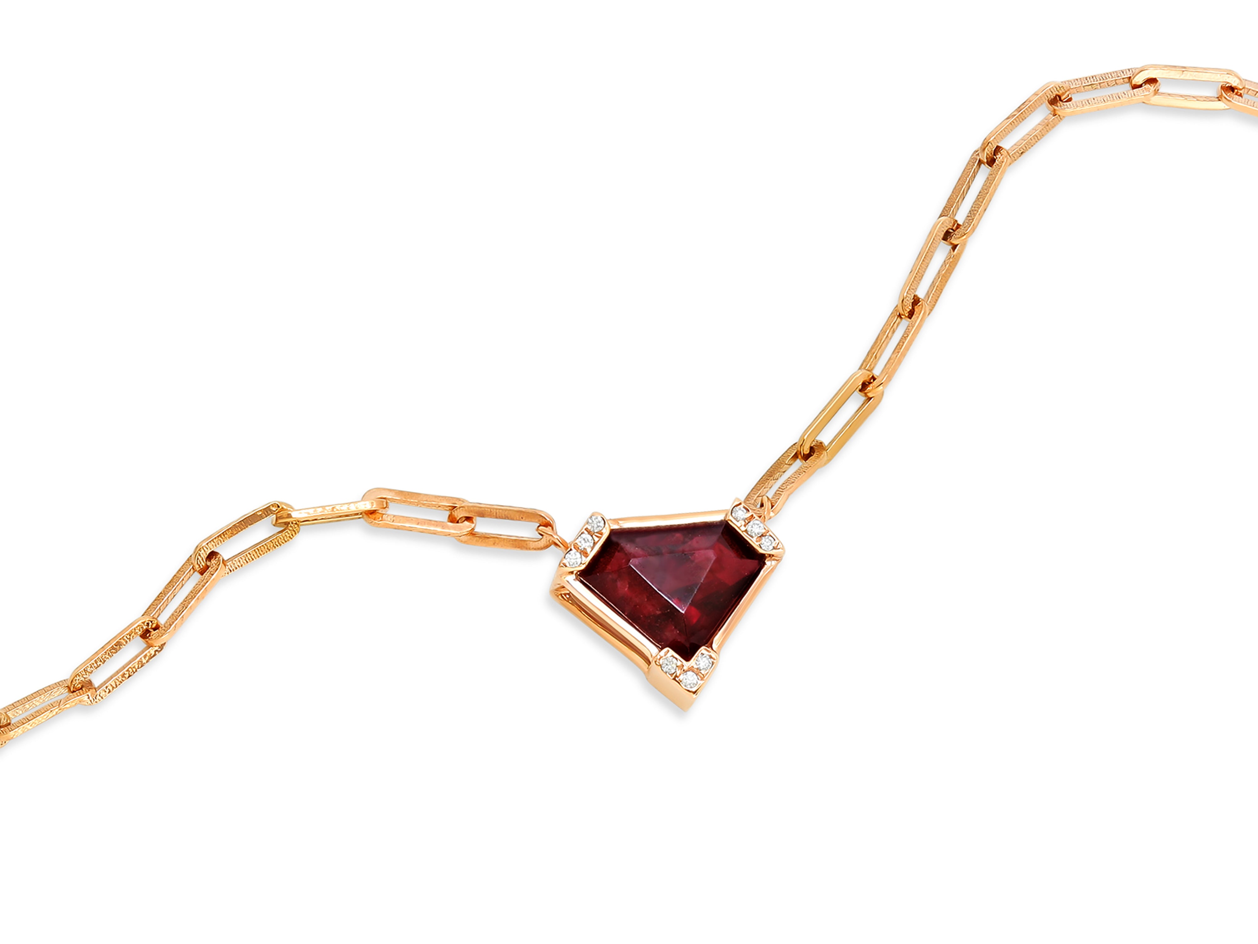 Shield Cut Ruby, 2.70 carats, and Diamond Pendant Set in 16K Red Gold