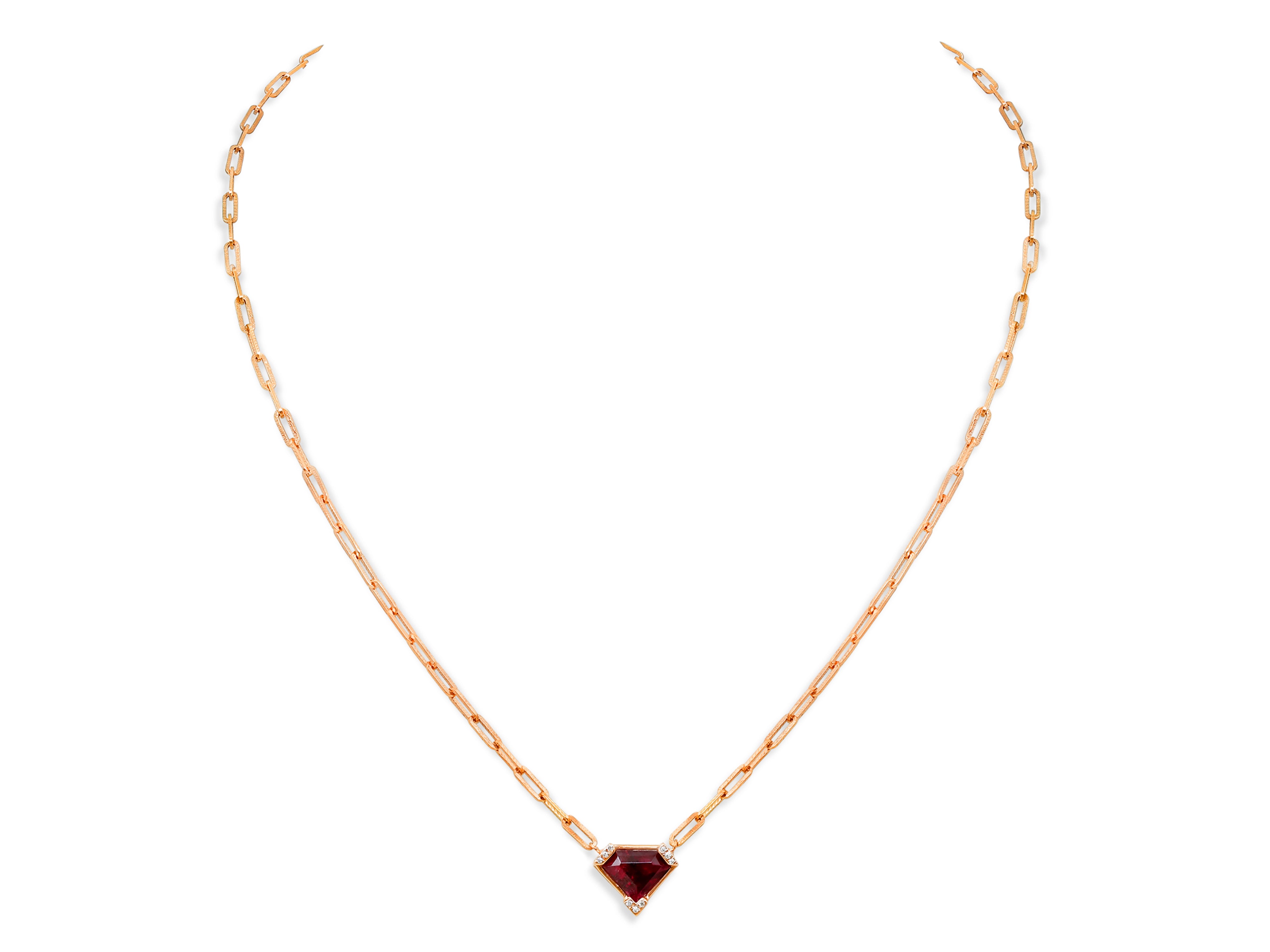 Shield Cut Ruby, 2.70 carats, and Diamond Pendant Set in 16K Red Gold