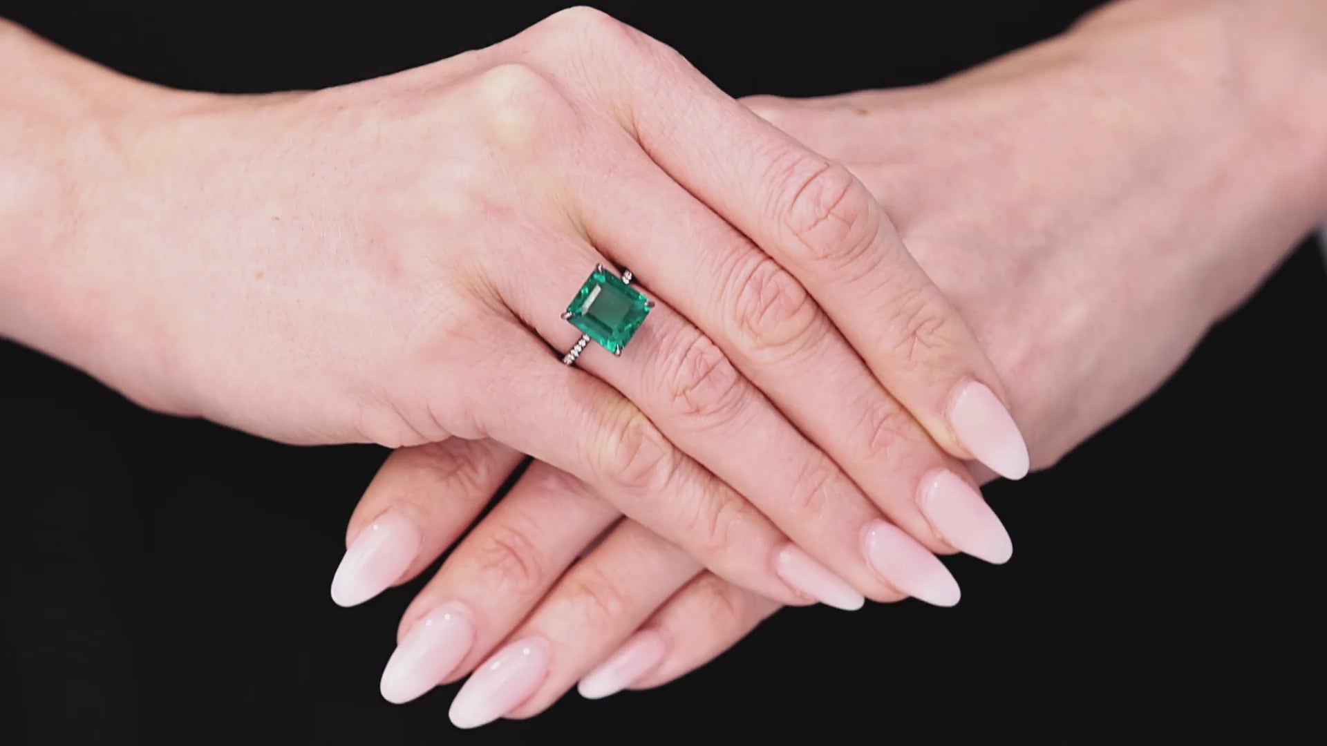 Load video: Zambian Emerald, 7.90 Carats, &amp; Diamond Ring in 18K Black Gold