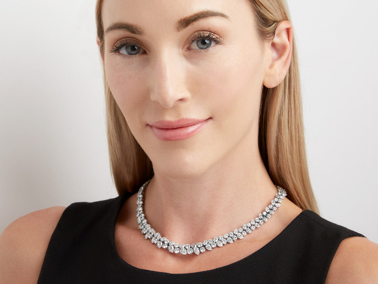 Pear & Round Diamond Double Row Necklace in Platinum