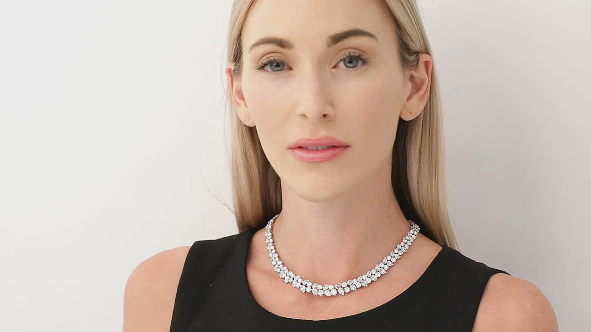 Load video: Pear &amp; Round Diamond Double Row Necklace in Platinum