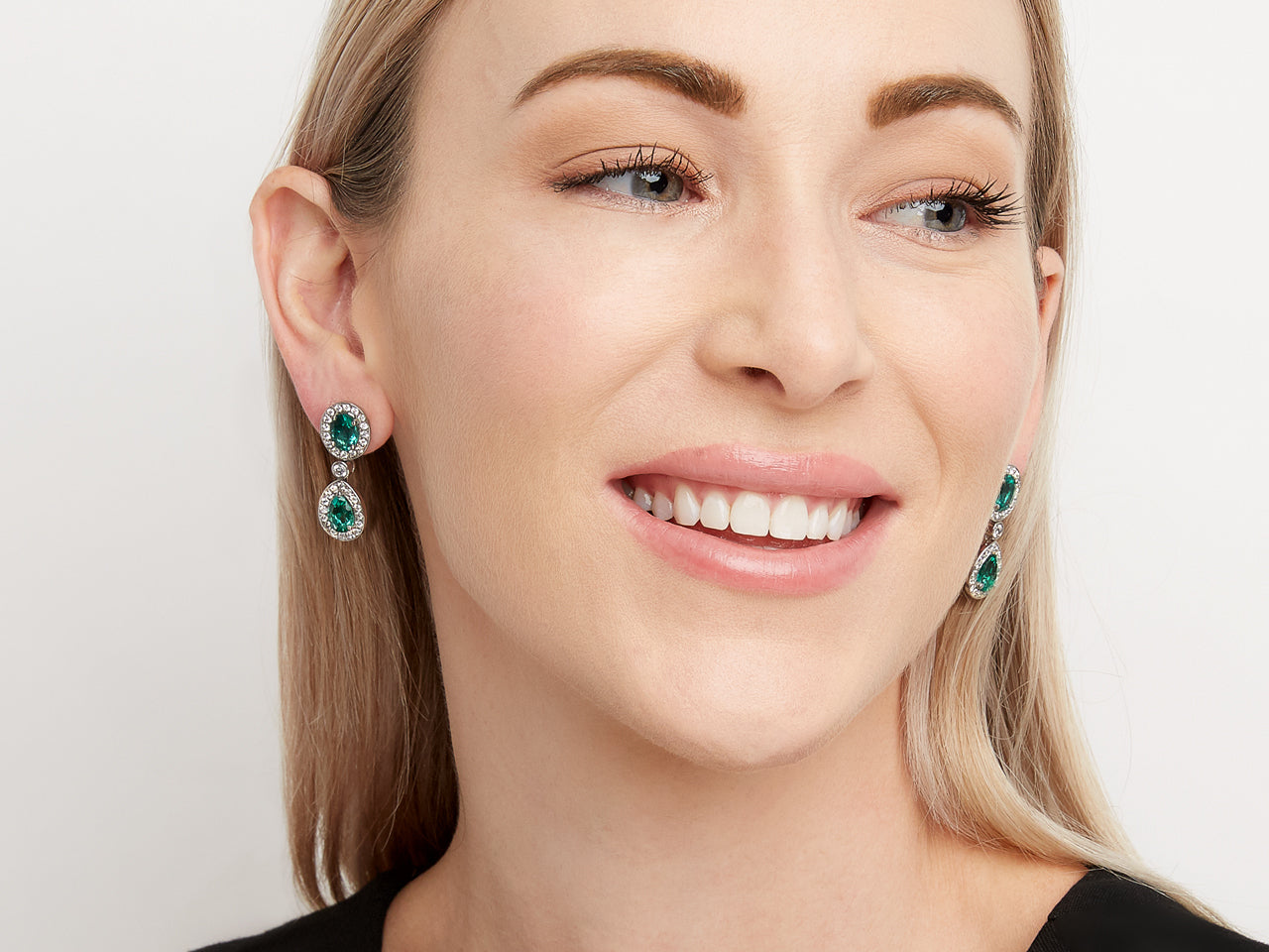 Emerald & Diamond Drop Earrings, in 18K White Gold