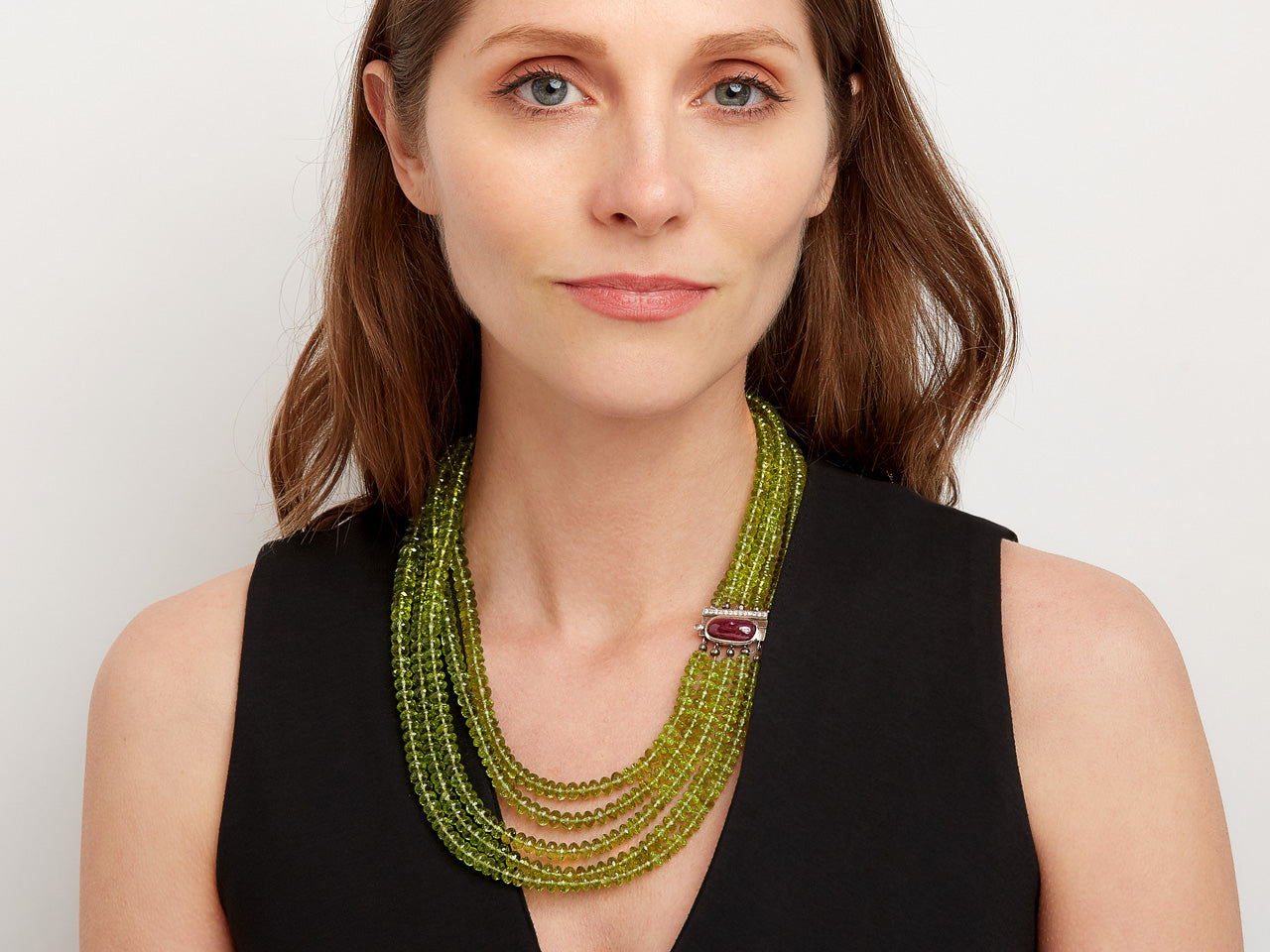 Peridot & Ruby Necklace in 18K White Gold