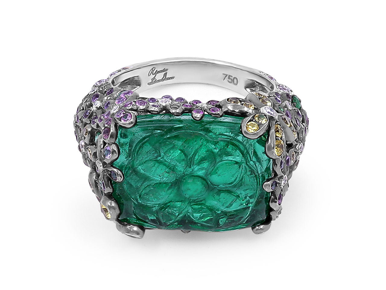 Carved Emerald Ring in 18K White Gold by Rhonda Farber Green