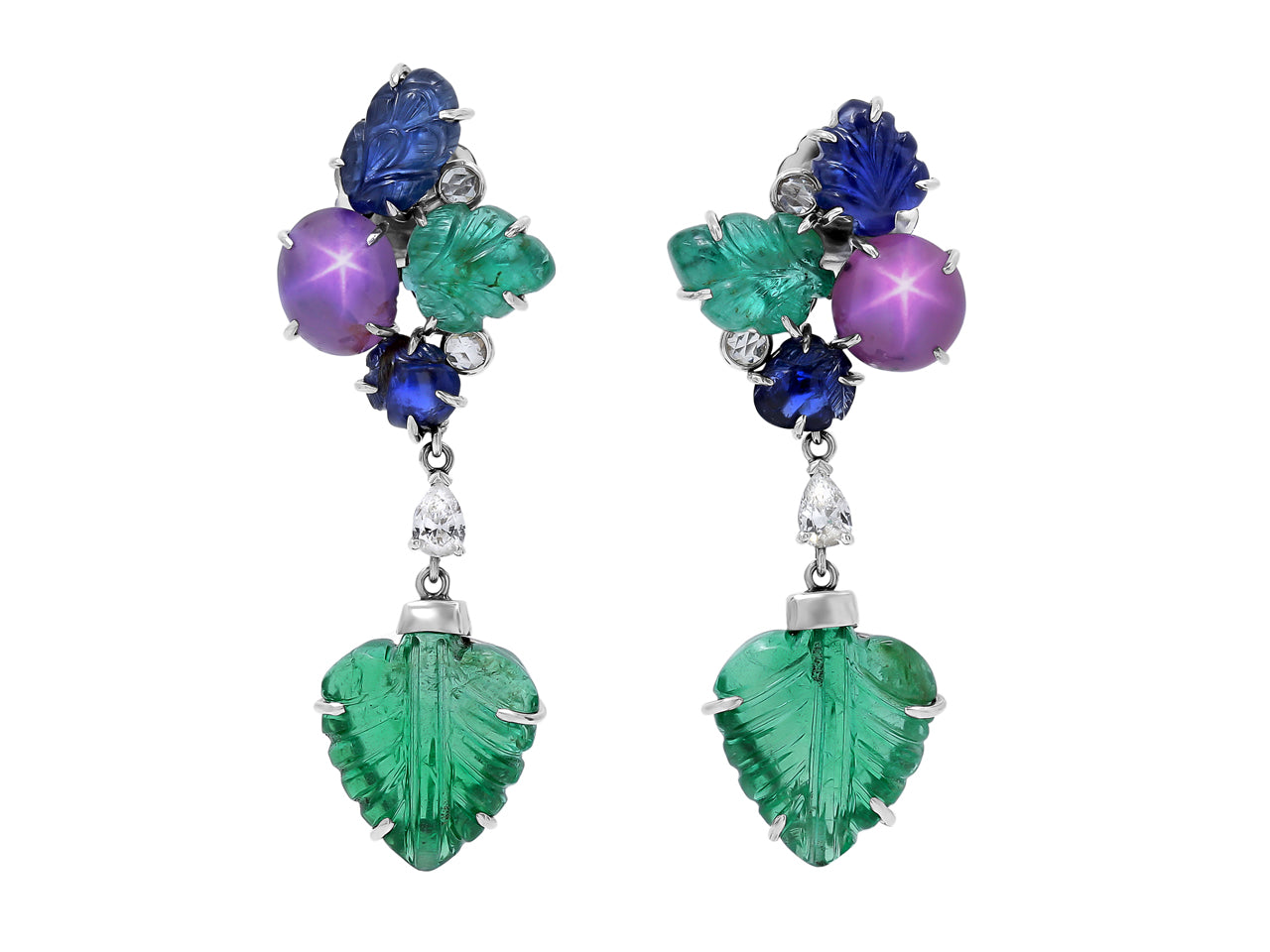 Carved Emerald and Sapphire Leaf Earrings in 18K White Gold