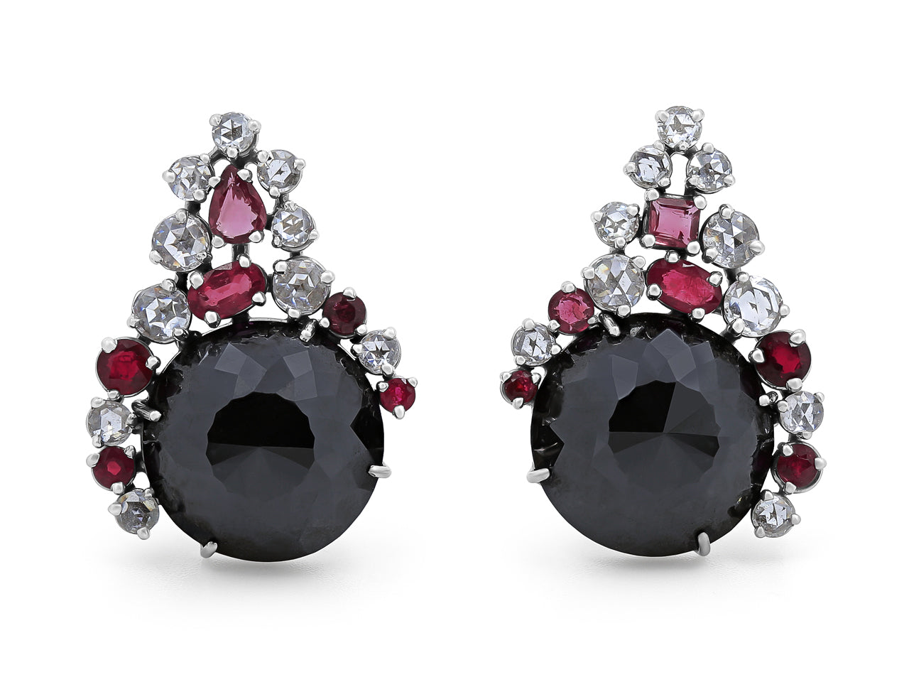 Kazanjian Black Diamond Ruby and Diamond Earrings in 18K White Gold