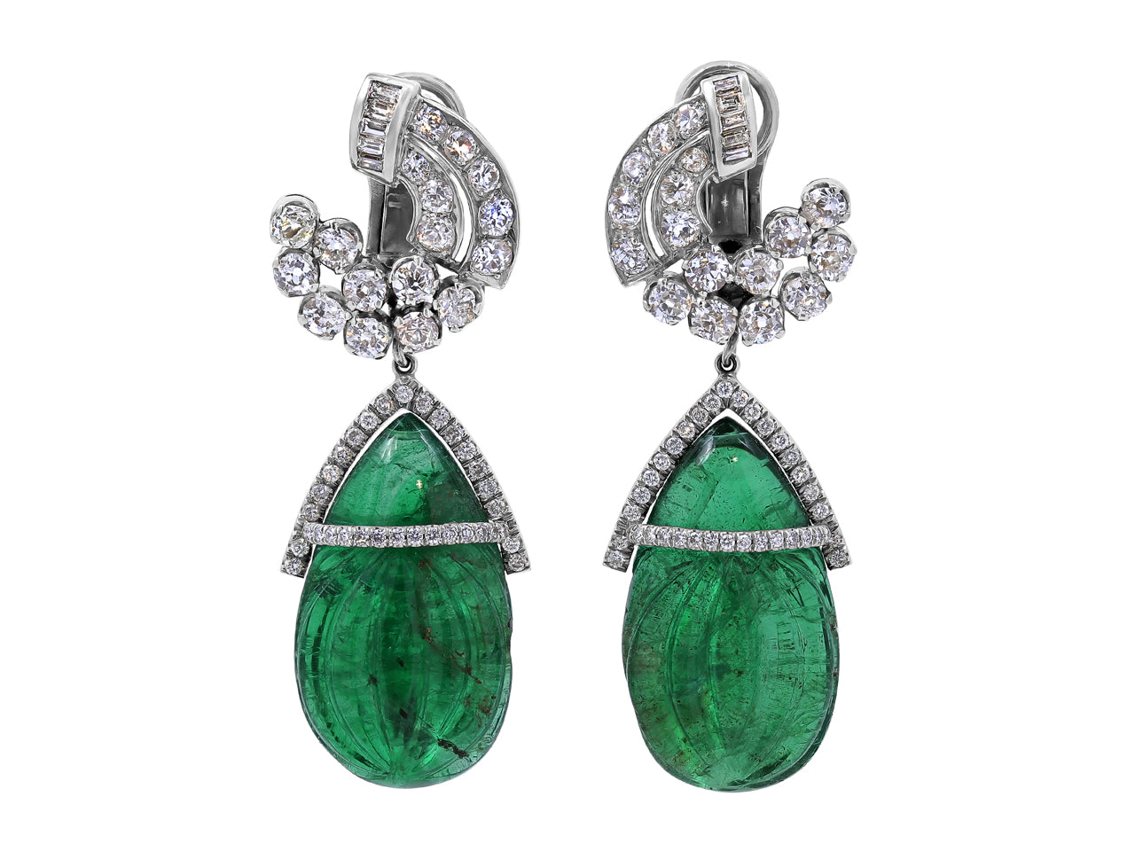 Carved Emerald, 57.88 carats, and Diamond Earrings in Platinum