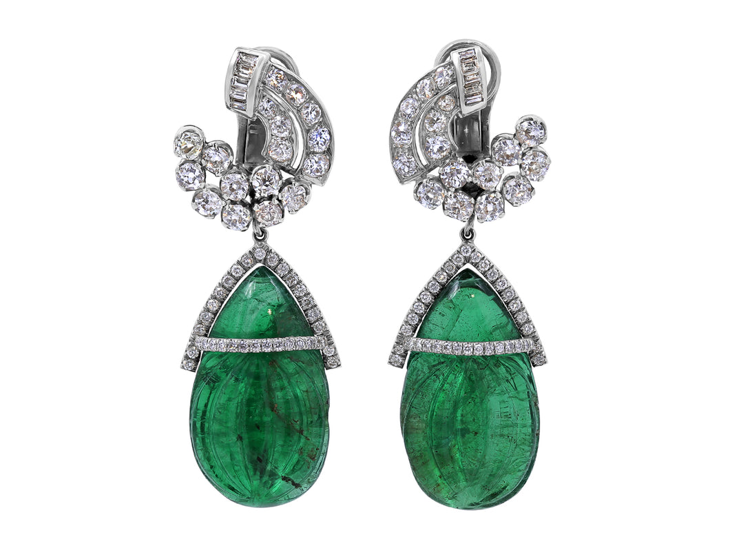 Kazanjian Carved Emerald, 57.88 carats, and Diamond Earrings in Platinum