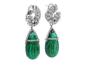 Kazanjian Carved Emerald, 57.88 carats, and Diamond Earrings in Platinum