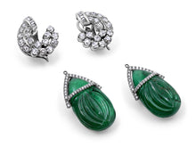 Load image into Gallery viewer, Kazanjian Carved Emerald, 57.88 carats, and Diamond Earrings in Platinum
