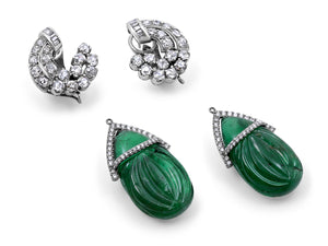 Kazanjian Carved Emerald, 57.88 carats, and Diamond Earrings in Platinum