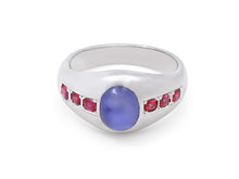 Load image into Gallery viewer, Kazanjian Cabochon Sapphire &amp; Ruby Gypsy Ring in 18K White Gold
