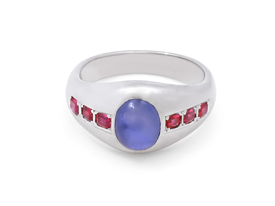 Kazanjian Cabochon Sapphire & Ruby Gypsy Ring in 18K White Gold