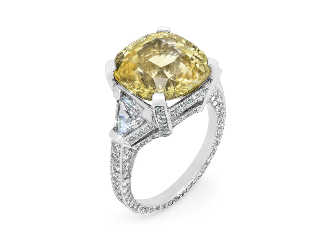 Yellow Sapphire, 11.69 carats, and Diamond Ring in Platinum