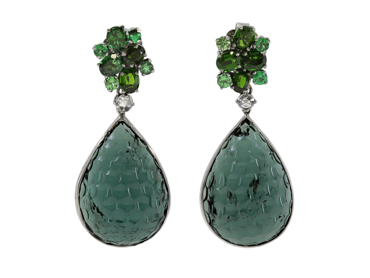Carved Indicolite Tourmaline Earrings, in 18K Black Rhodium Plated White Gold