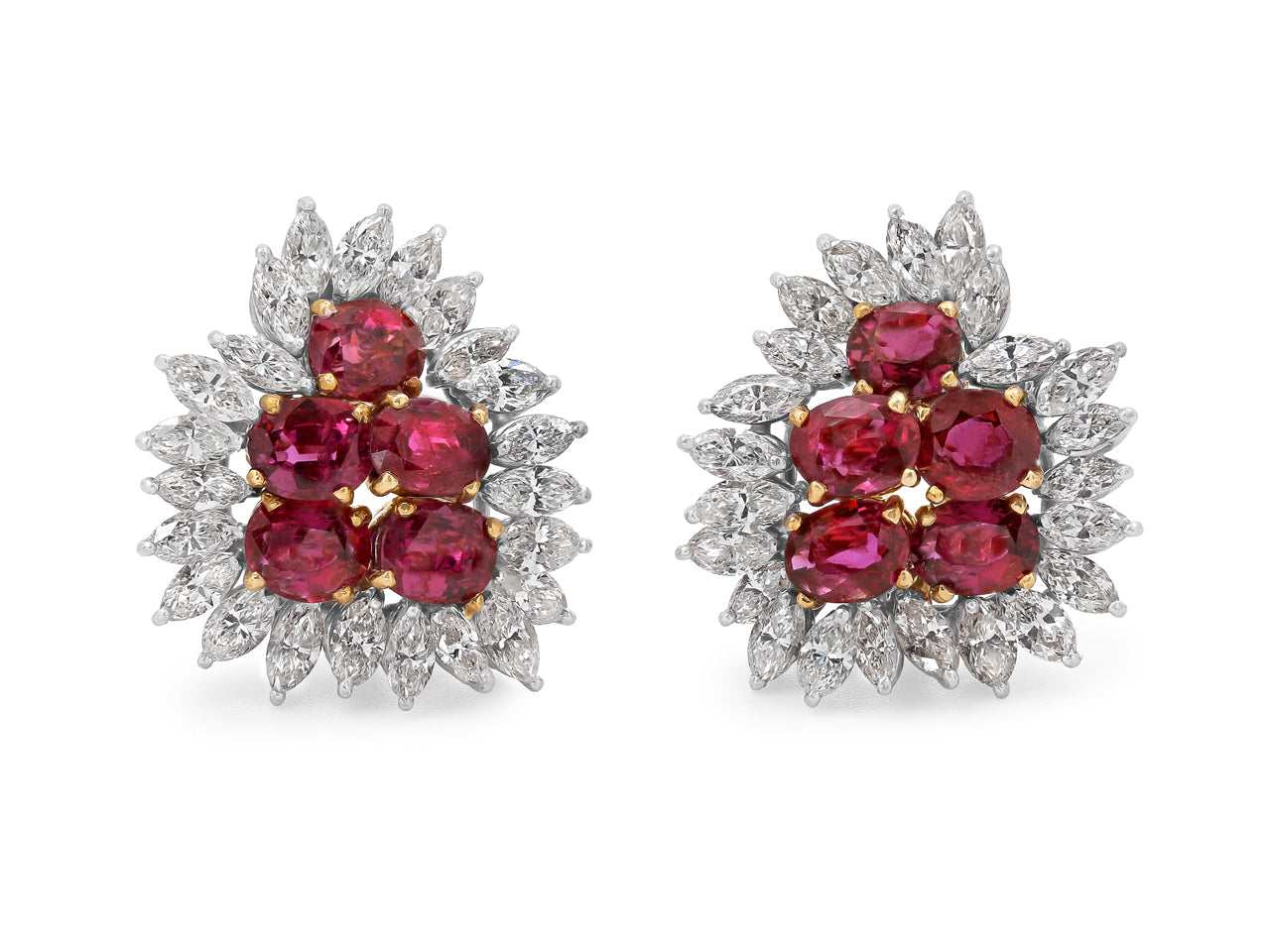 Ruby & Diamond Cluster Earrings, in 18K Yellow & White Gold