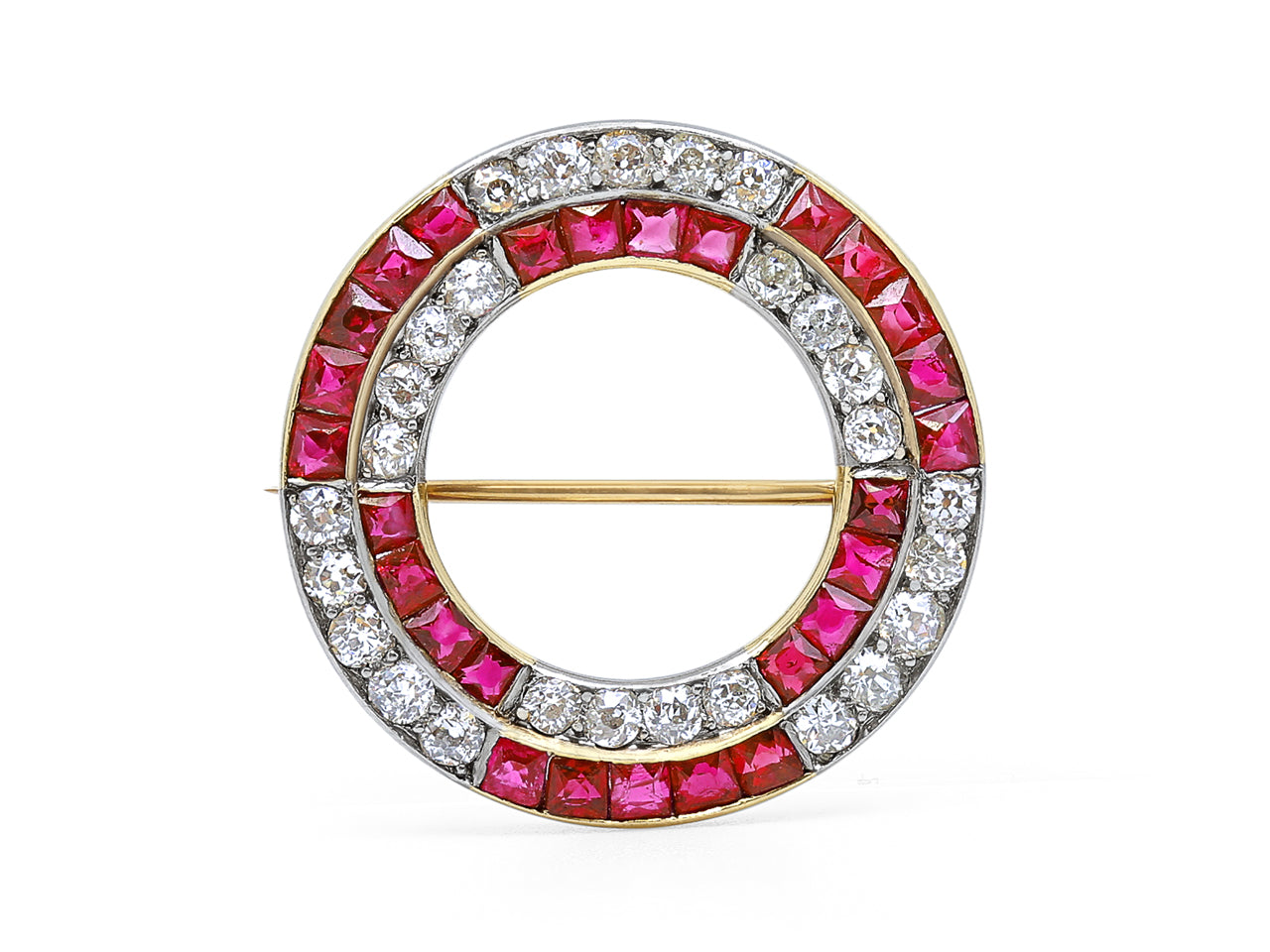 Ruby Mid Century Circular Brooch, in Platinum & 18K Yellow Gold
