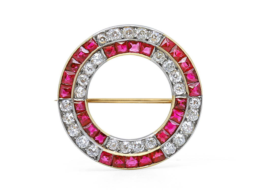 Kazanjian Ruby Circle Brooch, in Platinum & 18K Yellow Gold