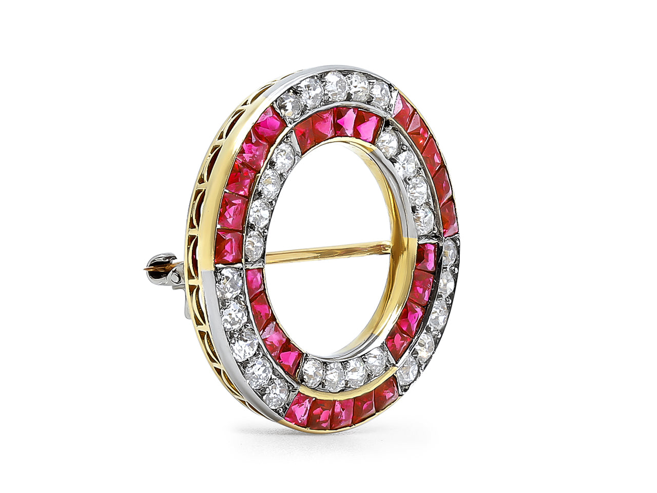 Ruby Mid Century Circular Brooch, in Platinum & 18K Yellow Gold