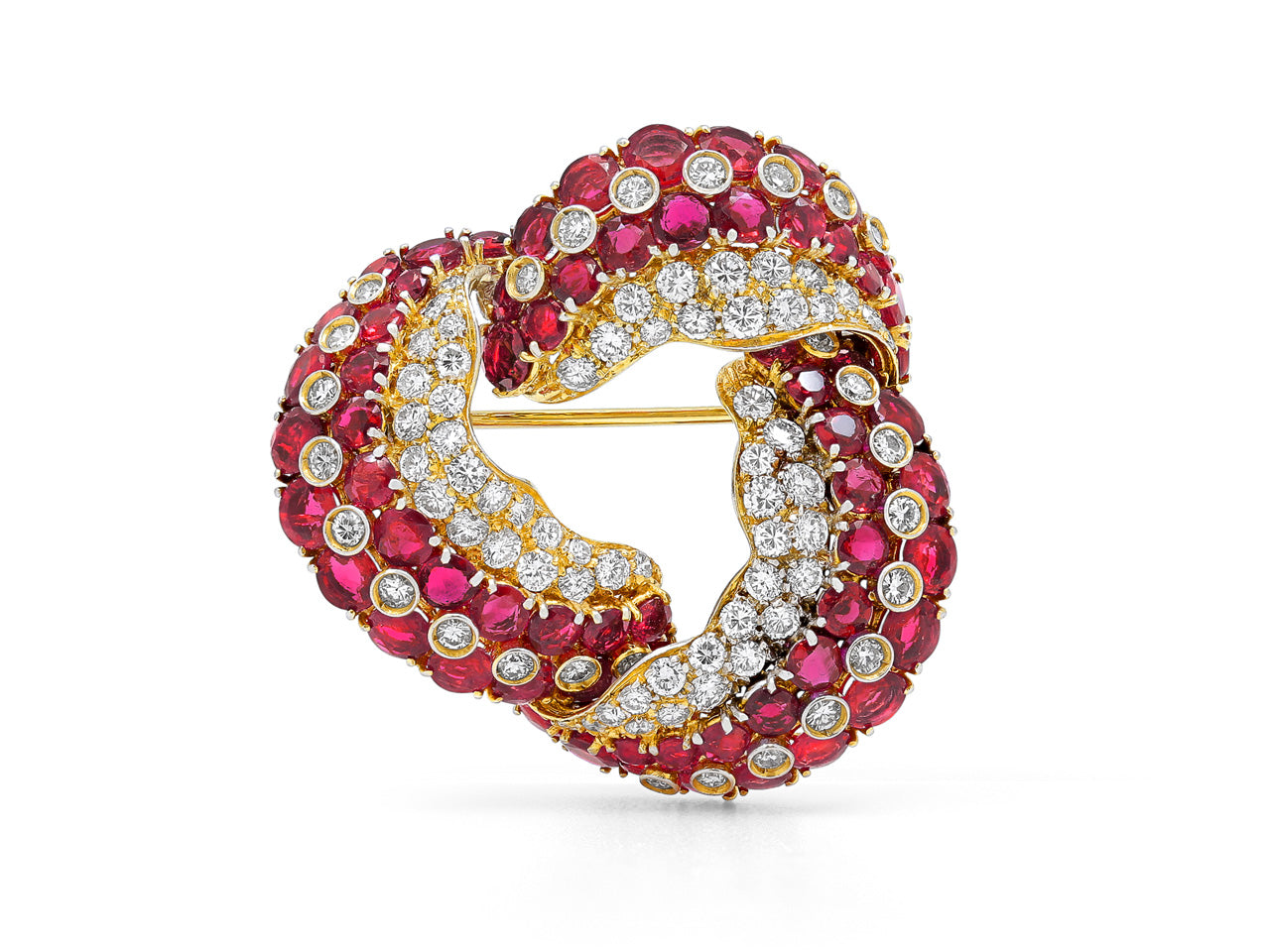 Open Swirl Ruby & Diamond Brooch in 18K Yellow Gold