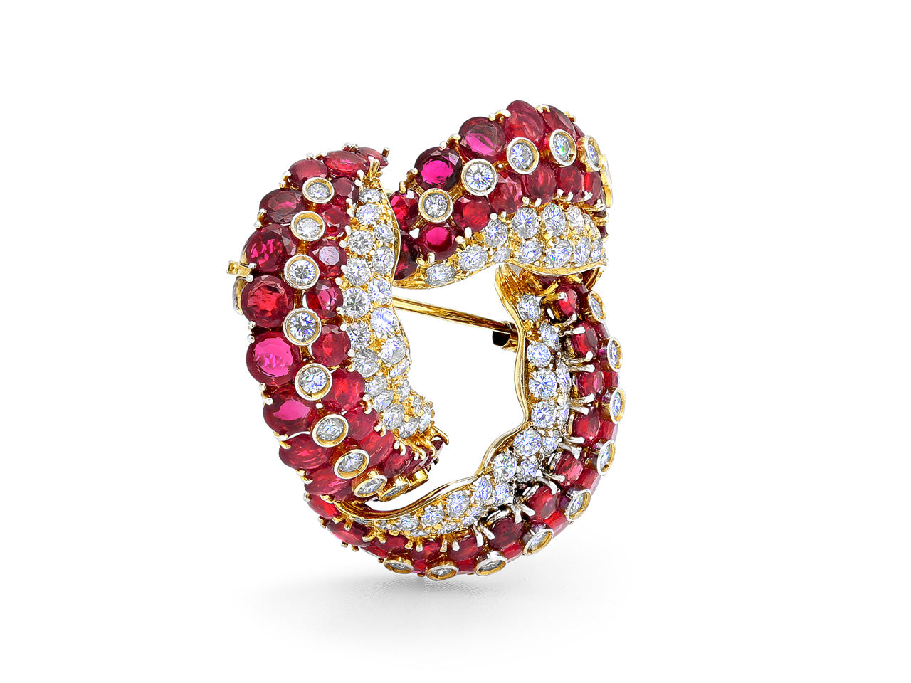 Open Swirl Ruby & Diamond Brooch in 18K Yellow Gold