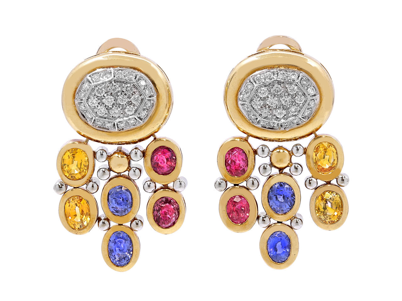 Multi-Colored Sapphire & Diamond Earrings in 18K Yellow Gold