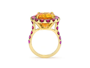 Kazanjian Orange Sapphire, 15.70 carats, & Ruby Ring in 18K Yellow Gold