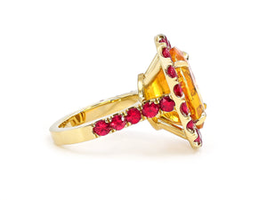 Kazanjian Orange Sapphire, 15.70 carats, & Ruby Ring in 18K Yellow Gold