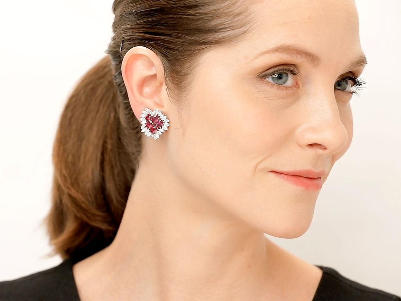 Ruby & Diamond Cluster Earrings, in 18K Yellow & White Gold