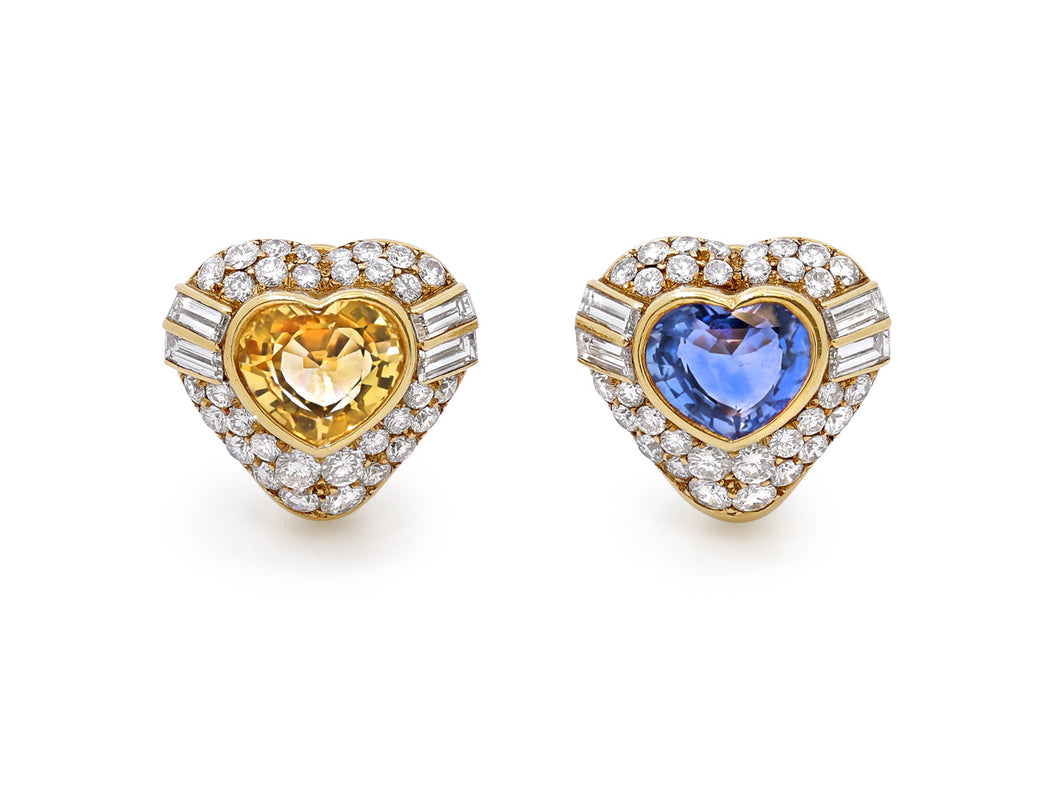 Yellow & Blue Heart Shape Sapphire & Diamond Earrings, by Bulgari