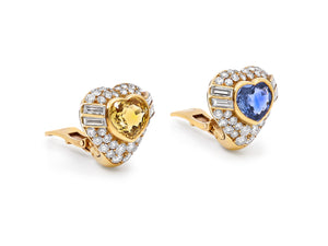 Yellow & Blue Heart Shape Sapphire & Diamond Earrings, by Bulgari