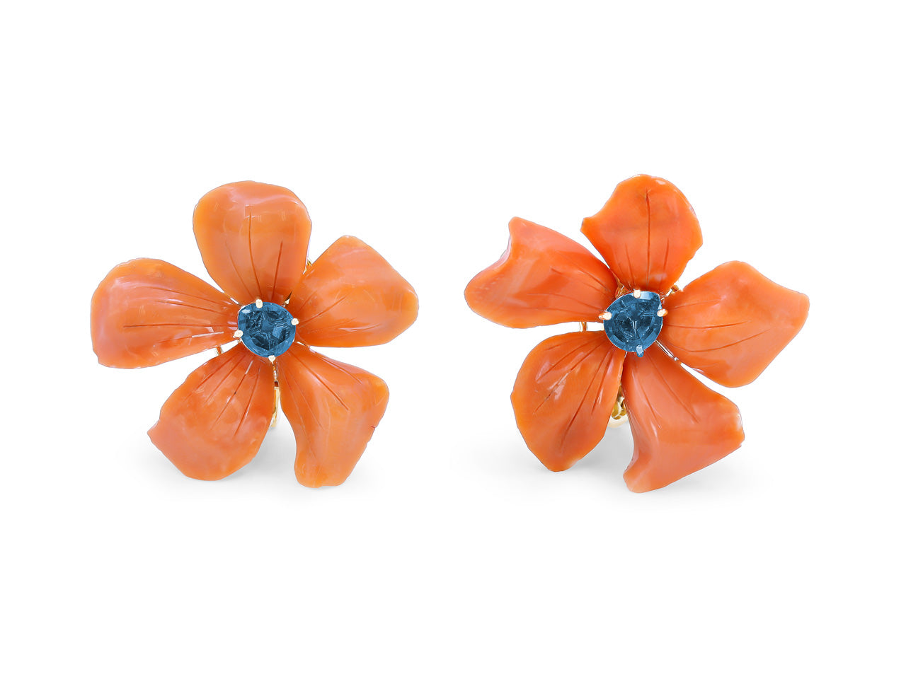 Coral & Montana Sapphire Earrings in 18K Yellow Gold